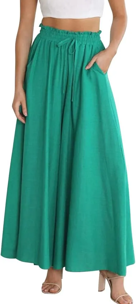 Women Summer Beach Vacation Pants High Waist Wide Leg Pants Printed Loose Flowy Palazzo Trousers
