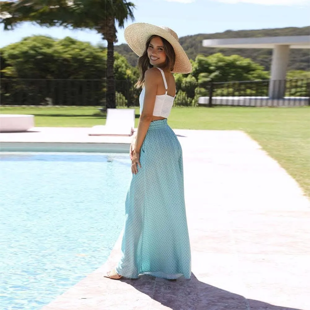 Women Summer Beach Vacation Pants High Waist Wide Leg Pants Printed Loose Flowy Palazzo Trousers