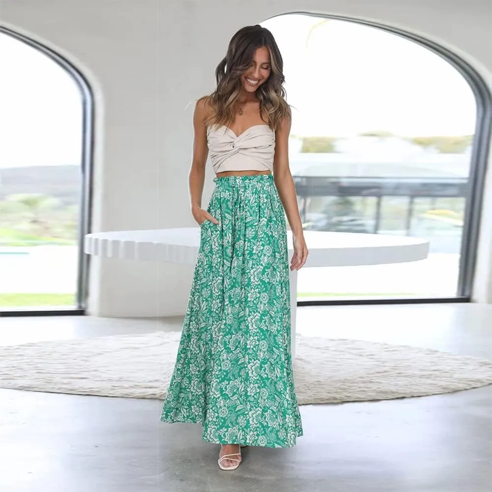 Women Summer Beach Vacation Pants High Waist Wide Leg Pants Printed Loose Flowy Palazzo Trousers