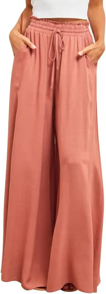 Women Summer Beach Vacation Pants High Waist Wide Leg Pants Printed Loose Flowy Palazzo Trousers