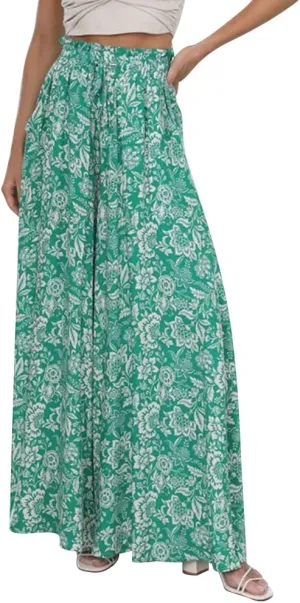Women Summer Beach Vacation Pants High Waist Wide Leg Pants Printed Loose Flowy Palazzo Trousers