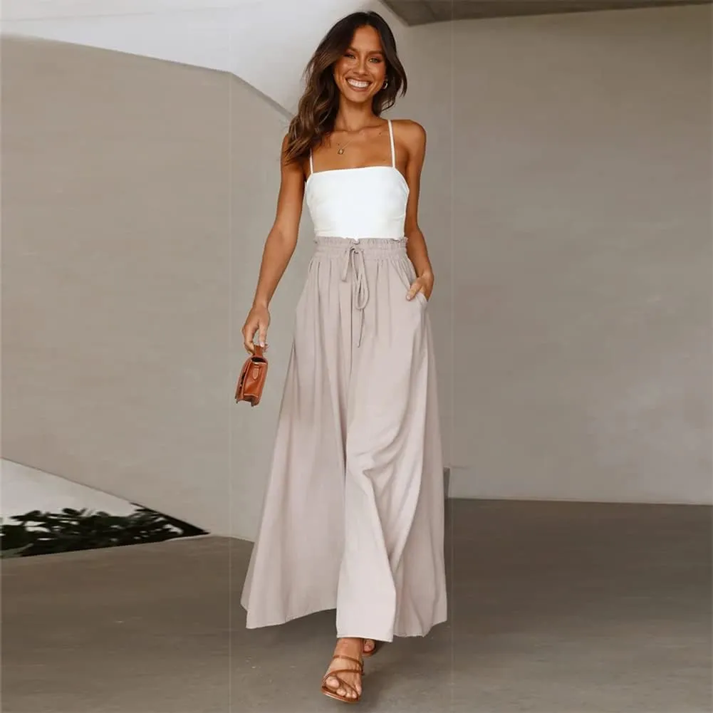 Women Summer Beach Vacation Pants High Waist Wide Leg Pants Printed Loose Flowy Palazzo Trousers