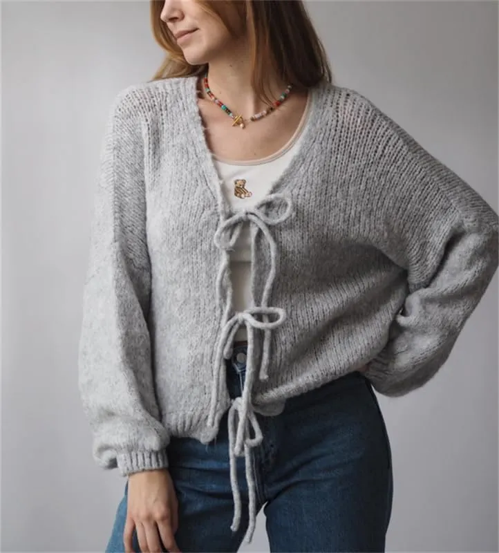 Women Y2k Tie Front Knitted Cardigan Sweater Long Sleeve Open Front Oversized Cardigan Knitwear Tops Streetwear