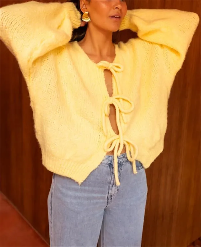 Women Y2k Tie Front Knitted Cardigan Sweater Long Sleeve Open Front Oversized Cardigan Knitwear Tops Streetwear