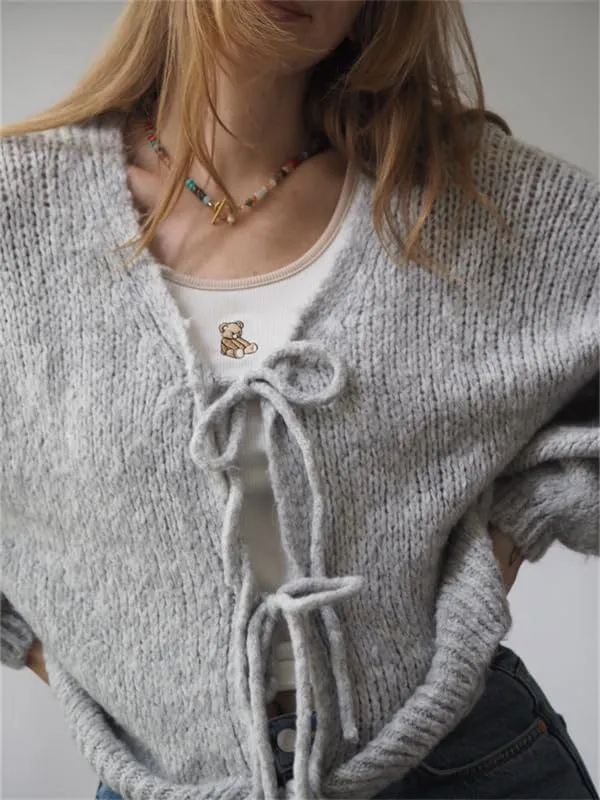 Women Y2k Tie Front Knitted Cardigan Sweater Long Sleeve Open Front Oversized Cardigan Knitwear Tops Streetwear