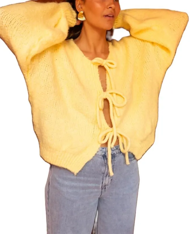 Women Y2k Tie Front Knitted Cardigan Sweater Long Sleeve Open Front Oversized Cardigan Knitwear Tops Streetwear