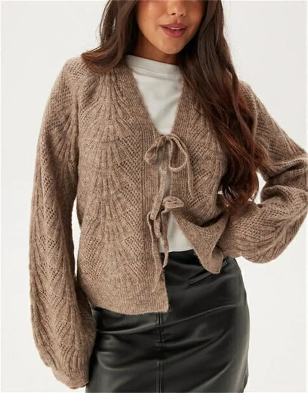 Women Y2k Tie Front Knitted Cardigan Sweater Long Sleeve Open Front Oversized Cardigan Knitwear Tops Streetwear