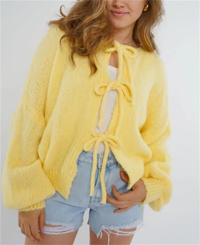 Women Y2k Tie Front Knitted Cardigan Sweater Long Sleeve Open Front Oversized Cardigan Knitwear Tops Streetwear