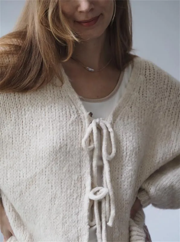 Women Y2k Tie Front Knitted Cardigan Sweater Long Sleeve Open Front Oversized Cardigan Knitwear Tops Streetwear