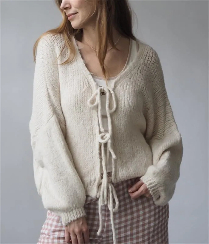 Women Y2k Tie Front Knitted Cardigan Sweater Long Sleeve Open Front Oversized Cardigan Knitwear Tops Streetwear