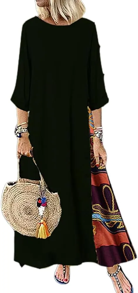 Women's Boho Floral Ethnic Cotton Linen Maxi Dresses 3/4 Sleeve Flowy Loose Casual Long Dress Plus Size