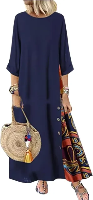 Women's Boho Floral Ethnic Cotton Linen Maxi Dresses 3/4 Sleeve Flowy Loose Casual Long Dress Plus Size
