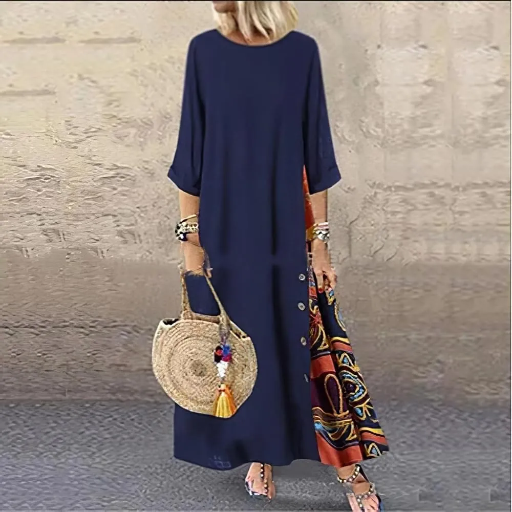 Women's Boho Floral Ethnic Cotton Linen Maxi Dresses 3/4 Sleeve Flowy Loose Casual Long Dress Plus Size