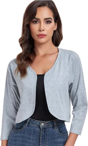 Women's Bolero Shrug Crop Cardigan Open Front Knit Sweater 3/4 Sleeve Tops