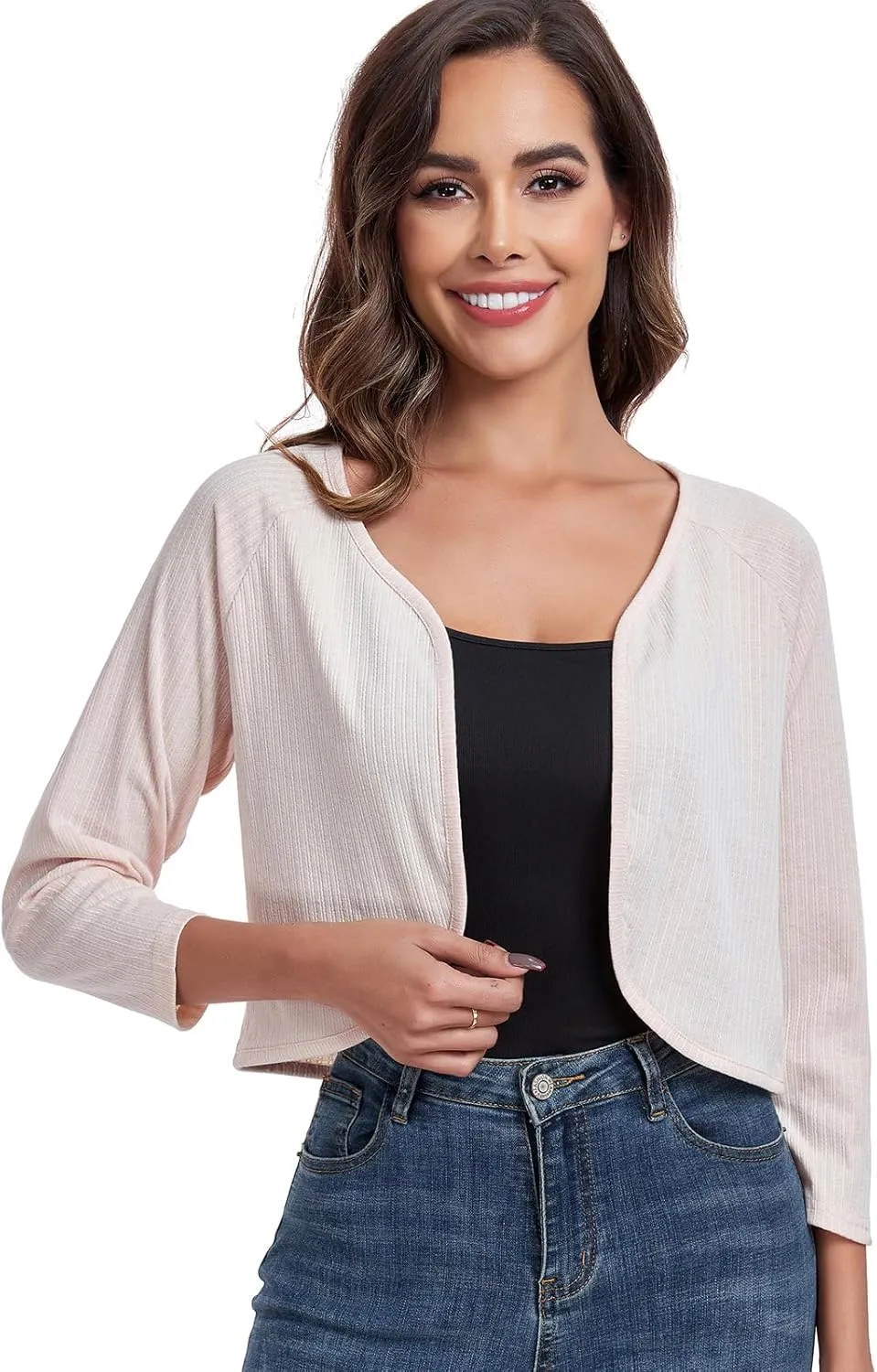 Women's Bolero Shrug Crop Cardigan Open Front Knit Sweater 3/4 Sleeve Tops
