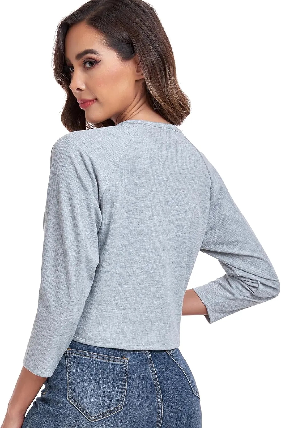 Women's Bolero Shrug Crop Cardigan Open Front Knit Sweater 3/4 Sleeve Tops