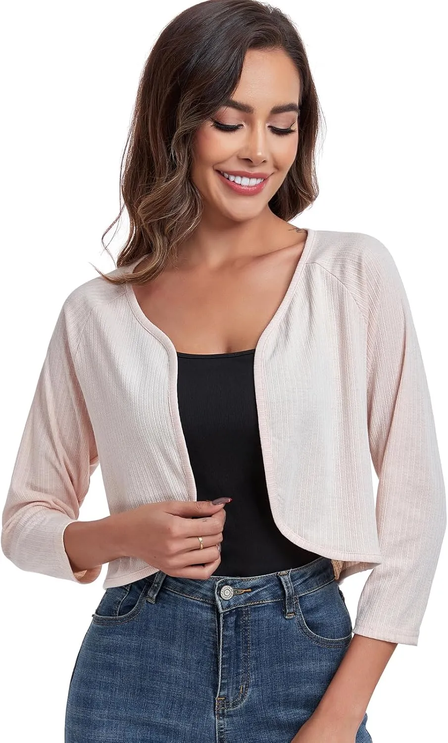 Women's Bolero Shrug Crop Cardigan Open Front Knit Sweater 3/4 Sleeve Tops