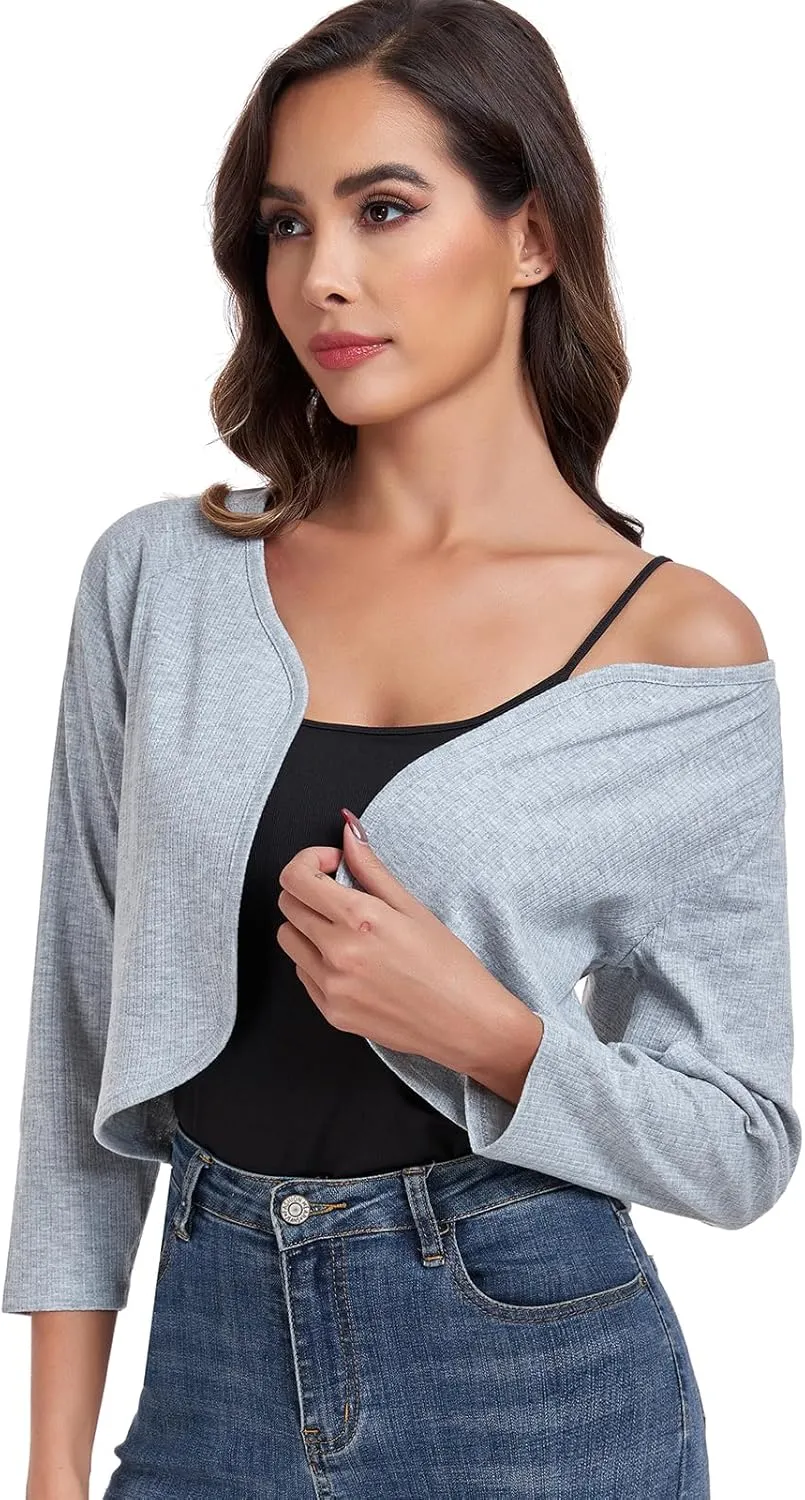 Women's Bolero Shrug Crop Cardigan Open Front Knit Sweater 3/4 Sleeve Tops