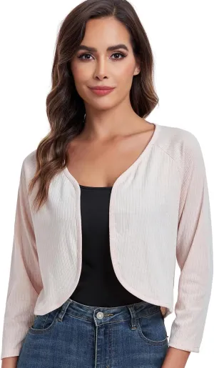 Women's Bolero Shrug Crop Cardigan Open Front Knit Sweater 3/4 Sleeve Tops