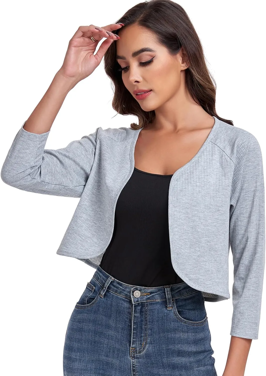 Women's Bolero Shrug Crop Cardigan Open Front Knit Sweater 3/4 Sleeve Tops