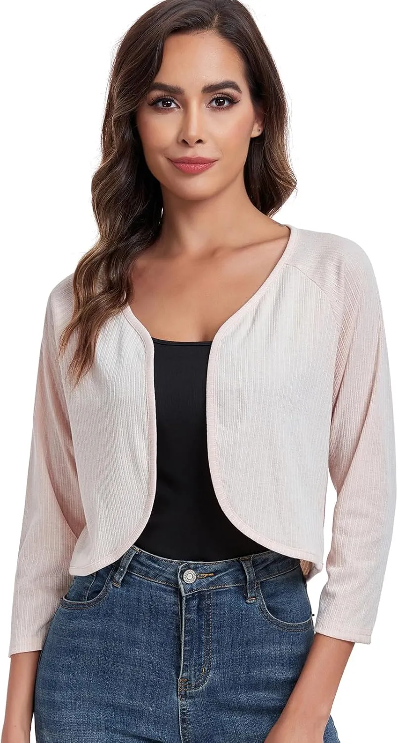 Women's Bolero Shrug Crop Cardigan Open Front Knit Sweater 3/4 Sleeve Tops