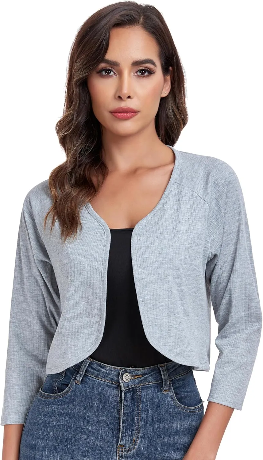 Women's Bolero Shrug Crop Cardigan Open Front Knit Sweater 3/4 Sleeve Tops