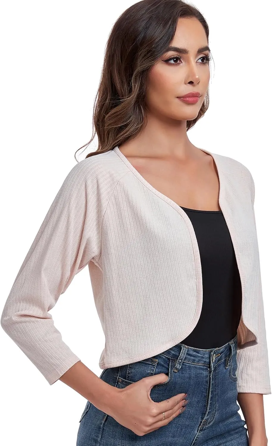 Women's Bolero Shrug Crop Cardigan Open Front Knit Sweater 3/4 Sleeve Tops