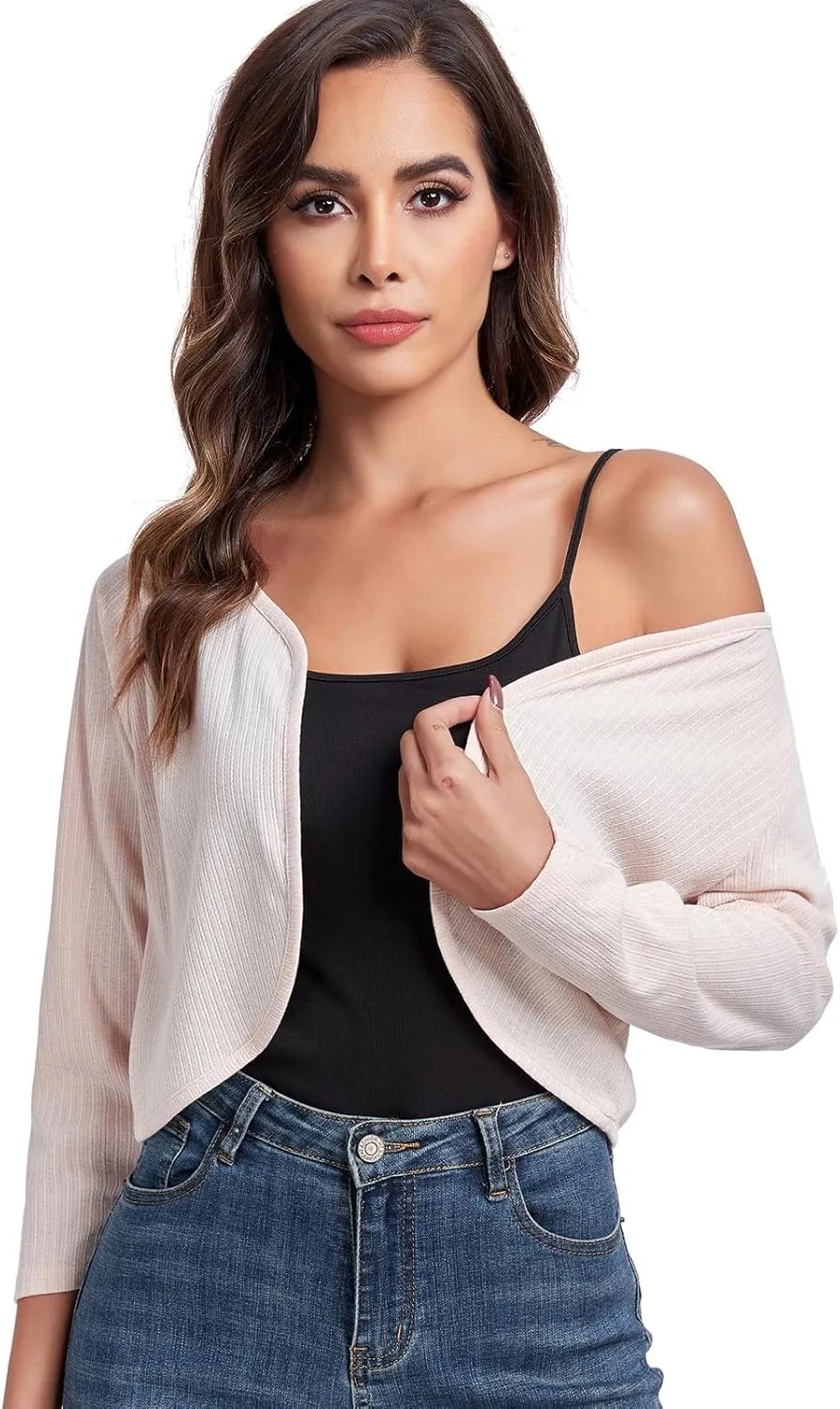 Women's Bolero Shrug Crop Cardigan Open Front Knit Sweater 3/4 Sleeve Tops