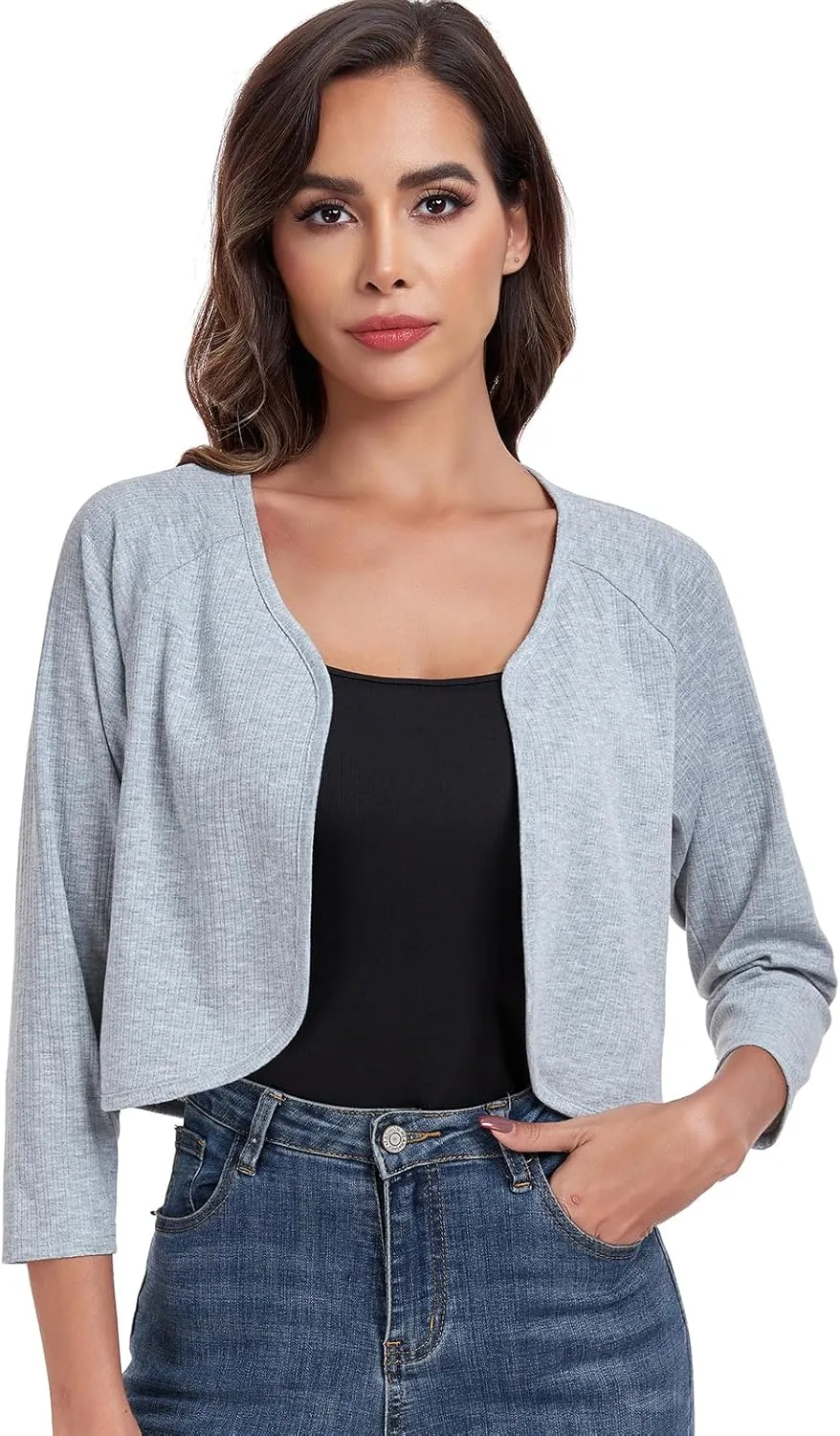 Women's Bolero Shrug Crop Cardigan Open Front Knit Sweater 3/4 Sleeve Tops