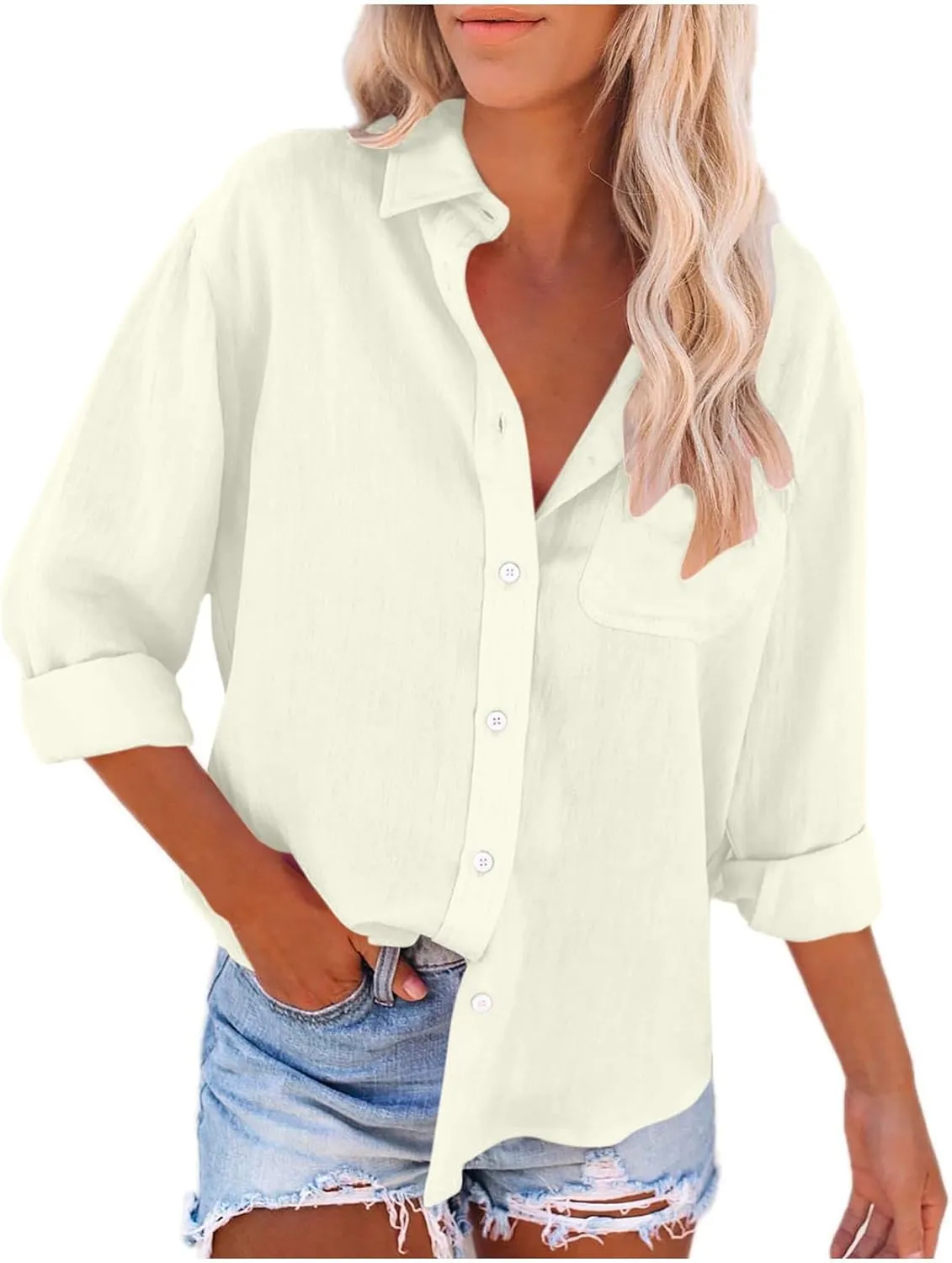 Womens Button Down Shirts Long Sleeve Collared Dress Tunic Cotton Oversized Blouses Going Out Dressy Casual Tops