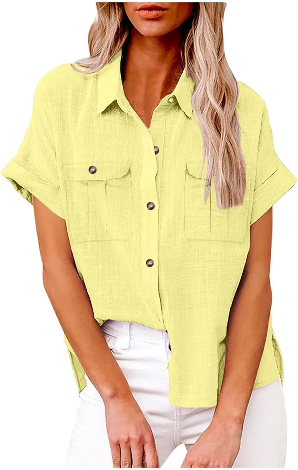 Womens Button Down Shirts Short Sleeve V Neck Casual Tunic Plain Trendy Blouses with Pockets Womens Summer Tops