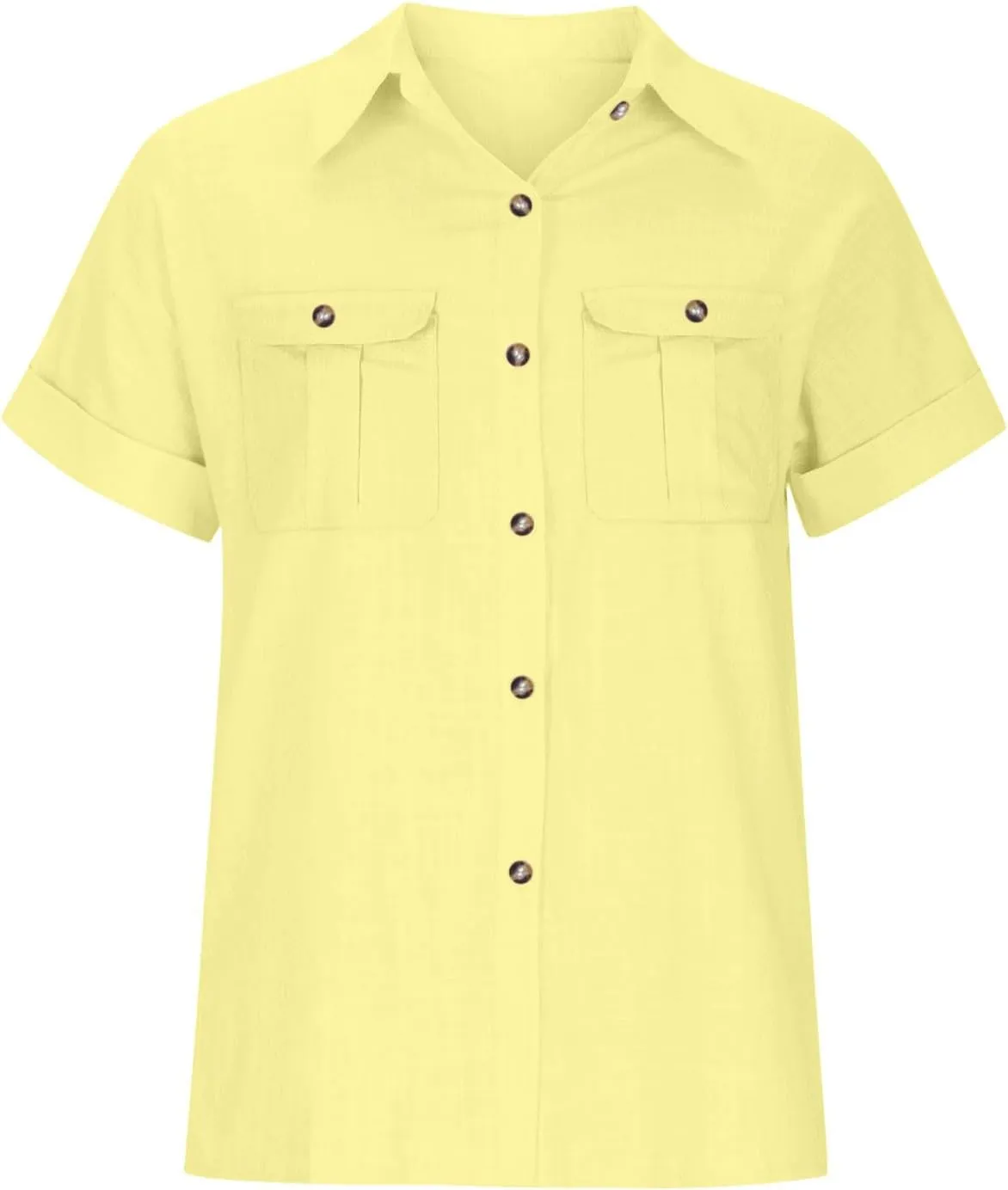 Womens Button Down Shirts Short Sleeve V Neck Casual Tunic Plain Trendy Blouses with Pockets Womens Summer Tops