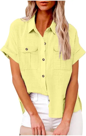 Womens Button Down Shirts Short Sleeve V Neck Casual Tunic Plain Trendy Blouses with Pockets Womens Summer Tops