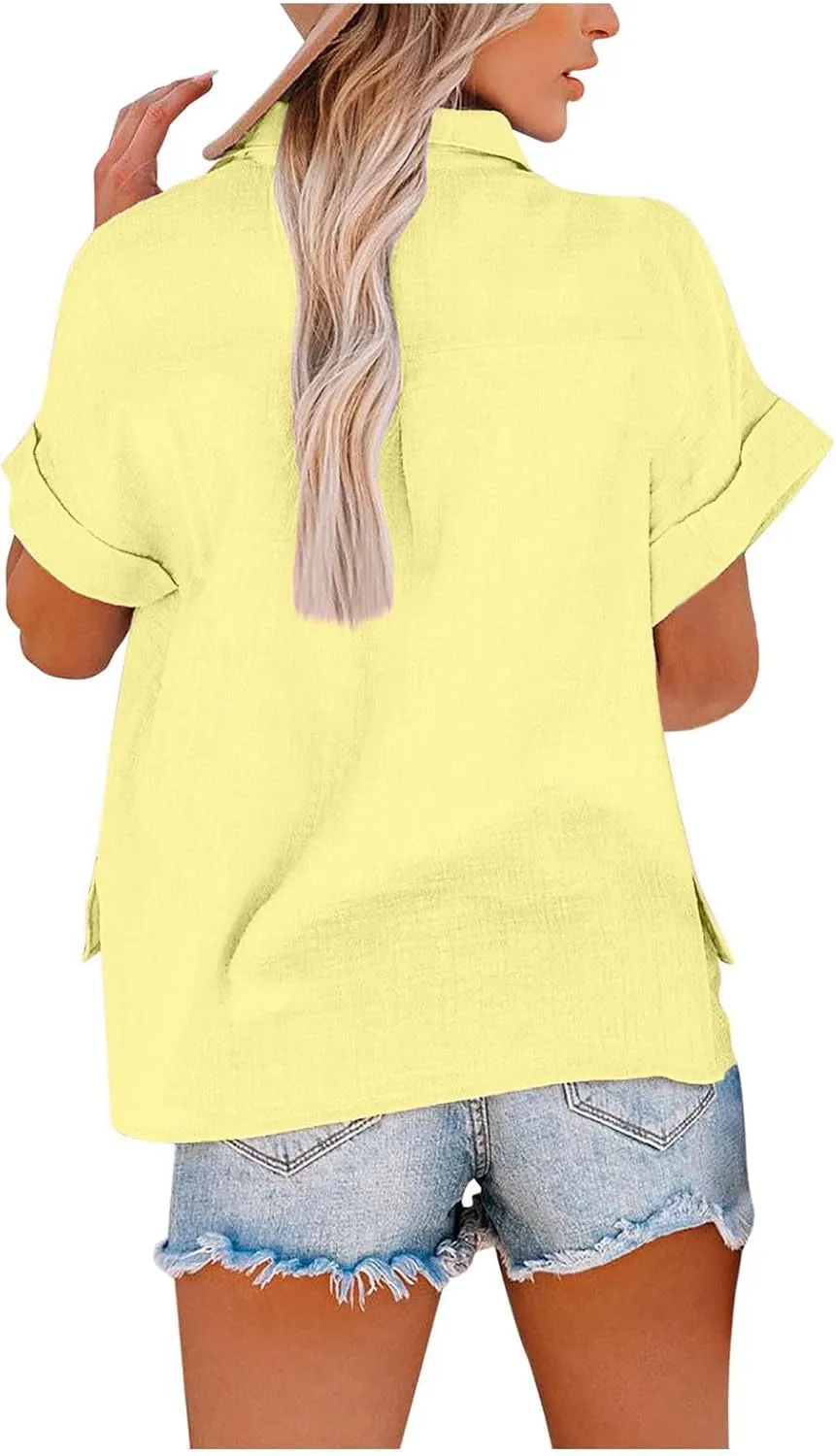 Womens Button Down Shirts Short Sleeve V Neck Casual Tunic Plain Trendy Blouses with Pockets Womens Summer Tops