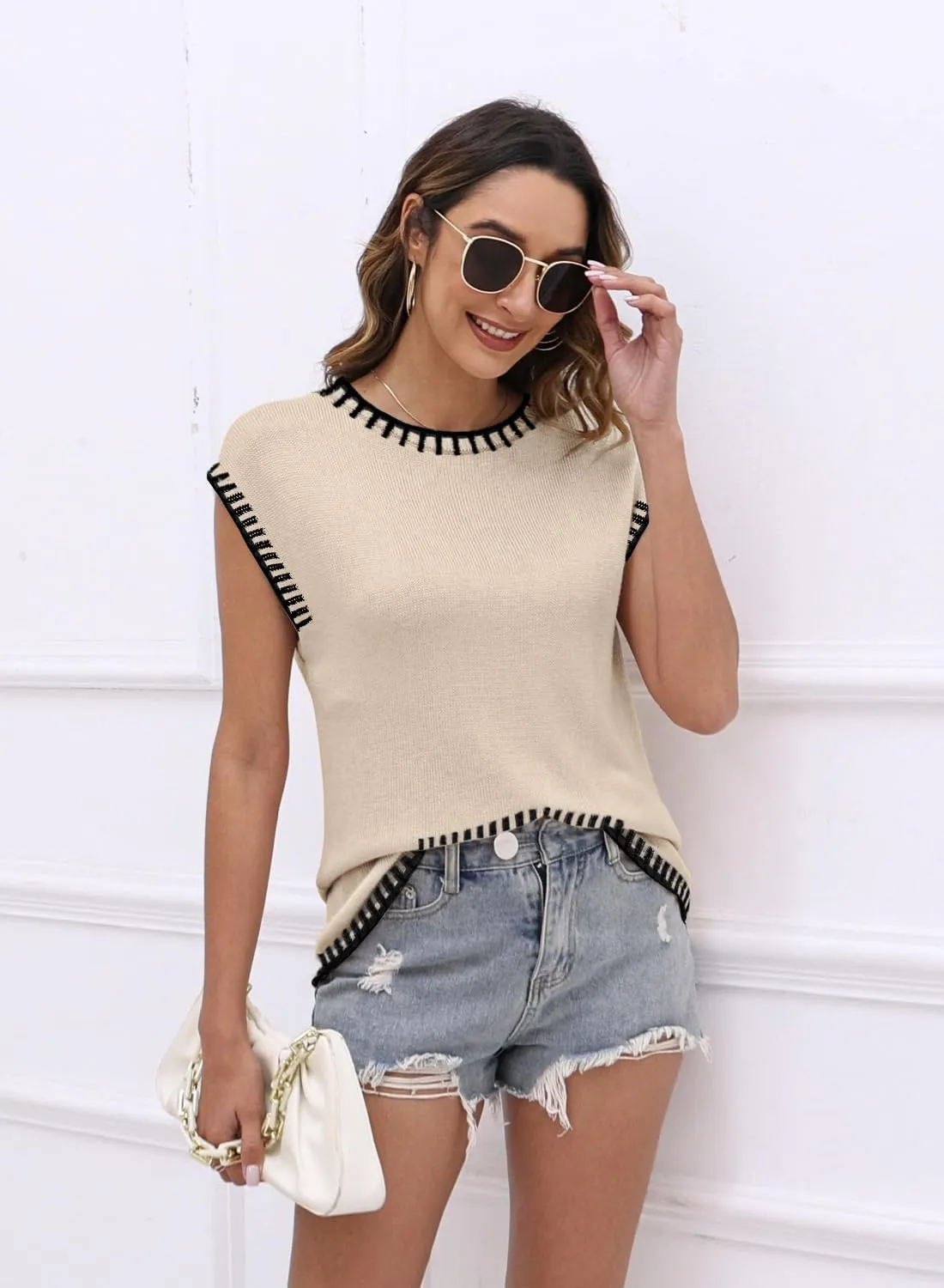 Womens Cap Sleeve Sweater Vest Summer Tops Sleeveless Tank 2025 Trendy Spring Clothes Striped Short Sleeve Shirts