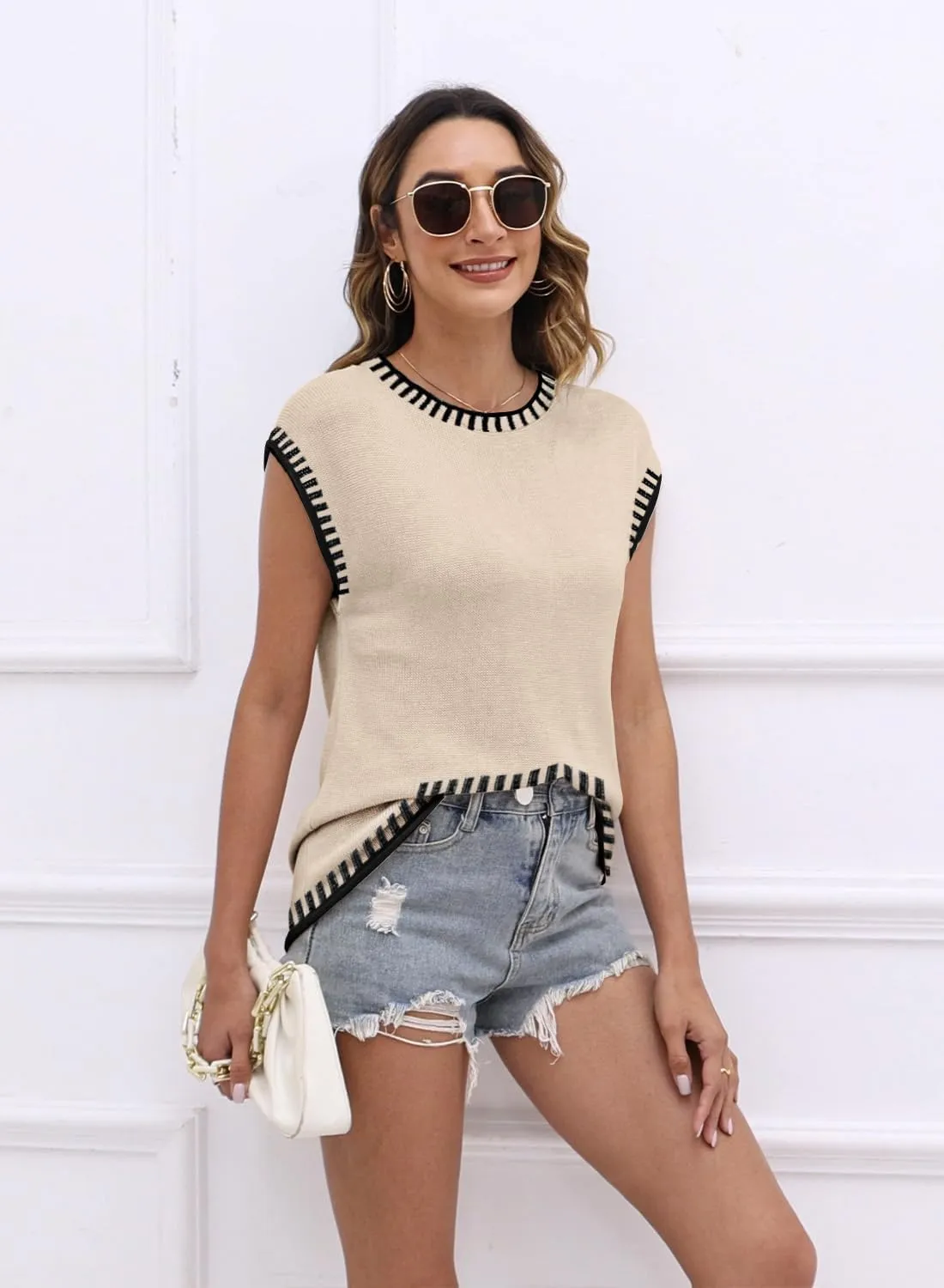 Womens Cap Sleeve Sweater Vest Summer Tops Sleeveless Tank 2025 Trendy Spring Clothes Striped Short Sleeve Shirts