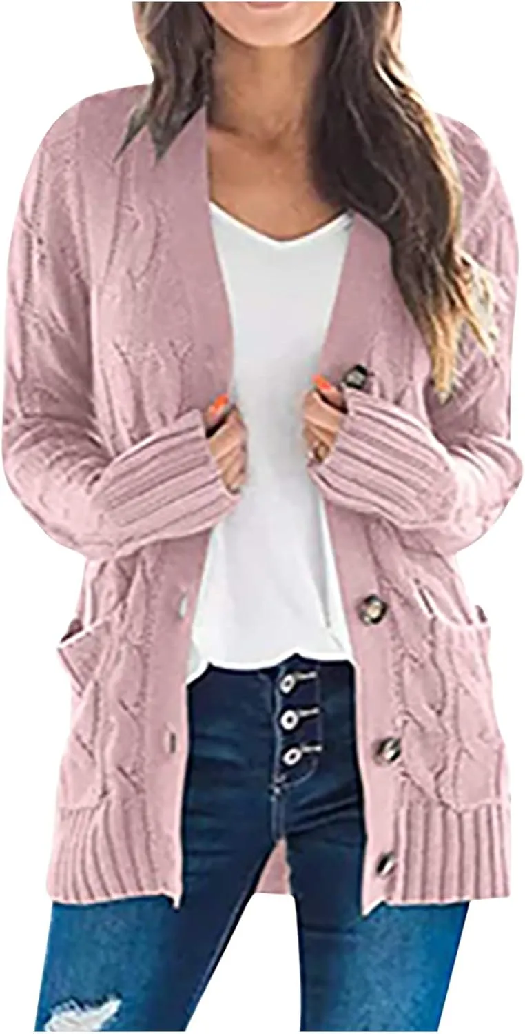 Women's Cardigan Chunky Open Front Button Sweaters with Pockets Loose Slouchy Oversized Fall Outerwear Coat