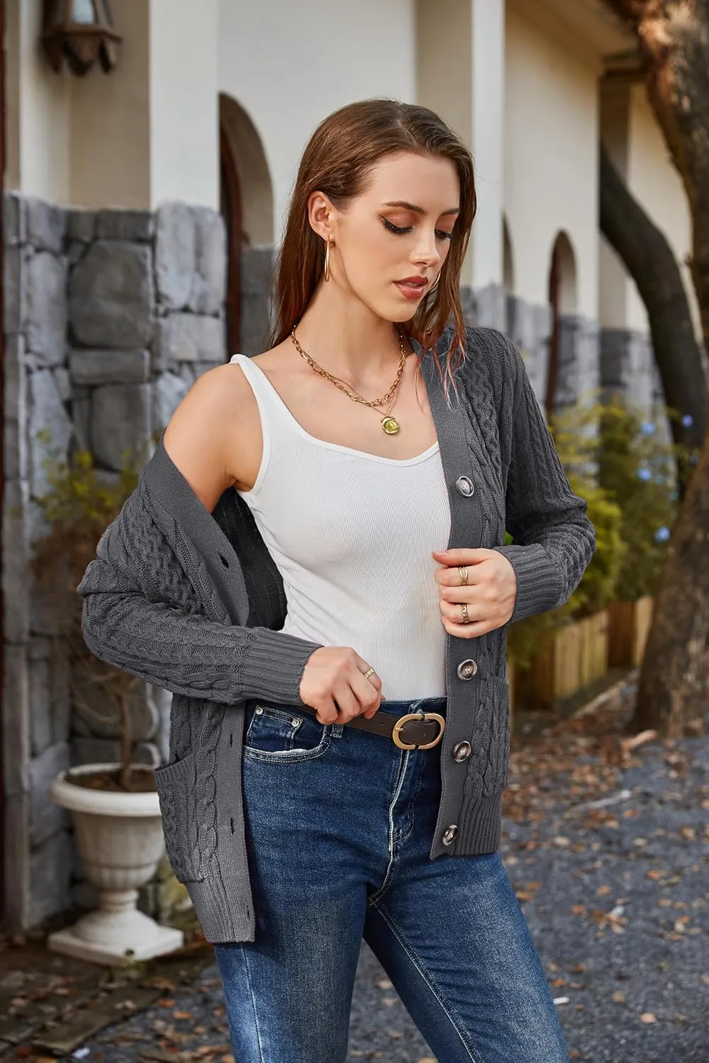 Womens Cardigan Sweaters Cable Knit Sweater 2025 Fall Winter Chunky Open Front Button Down Coats with Pockets