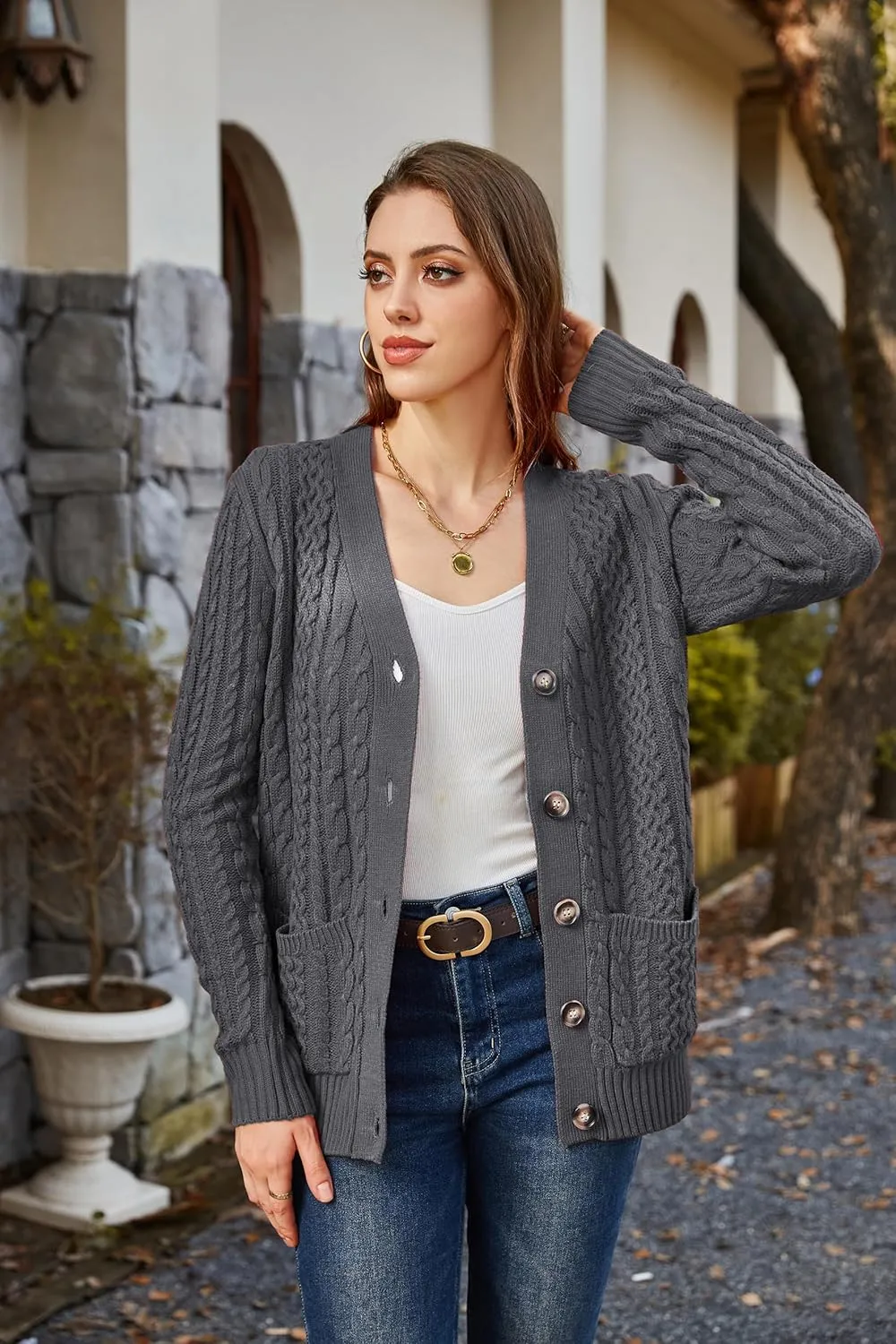 Womens Cardigan Sweaters Cable Knit Sweater 2025 Fall Winter Chunky Open Front Button Down Coats with Pockets