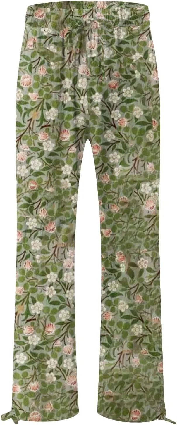 Women's Casual and Fashionable Beach Elastic Waist Wide Leg Pants with Colorful Floral Print Pockets