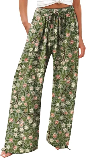 Women's Casual and Fashionable Beach Elastic Waist Wide Leg Pants with Colorful Floral Print Pockets