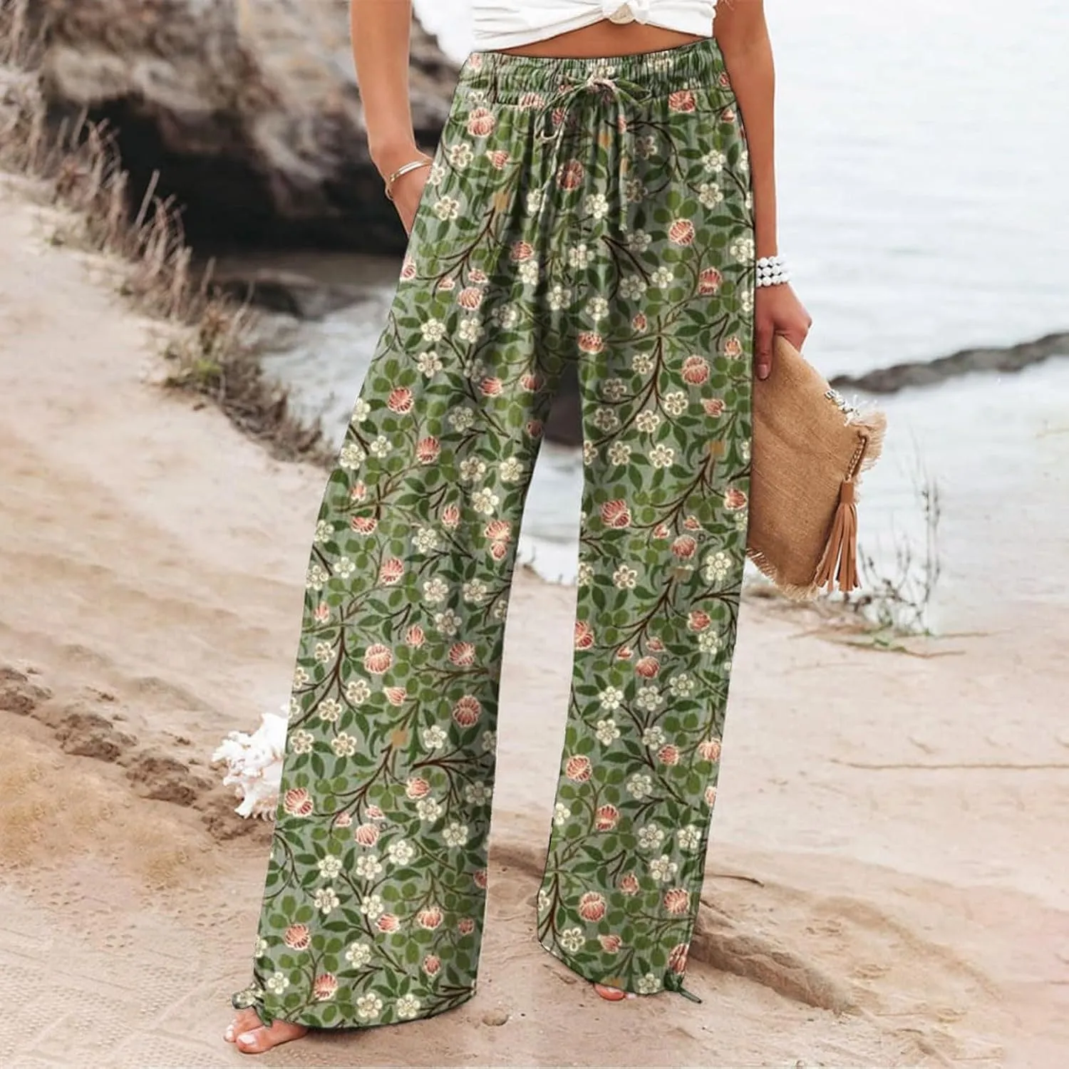 Women's Casual and Fashionable Beach Elastic Waist Wide Leg Pants with Colorful Floral Print Pockets