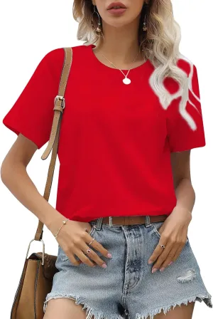 Women's Casual Loose Short Sleeve Crewneck T-Shirts Solid Color Basic Summer Tops