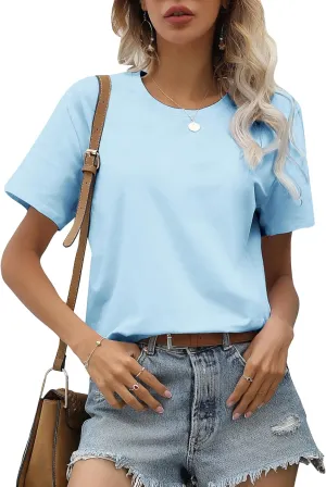 Women's Casual Loose Short Sleeve Crewneck T-Shirts Solid Color Basic Summer Tops