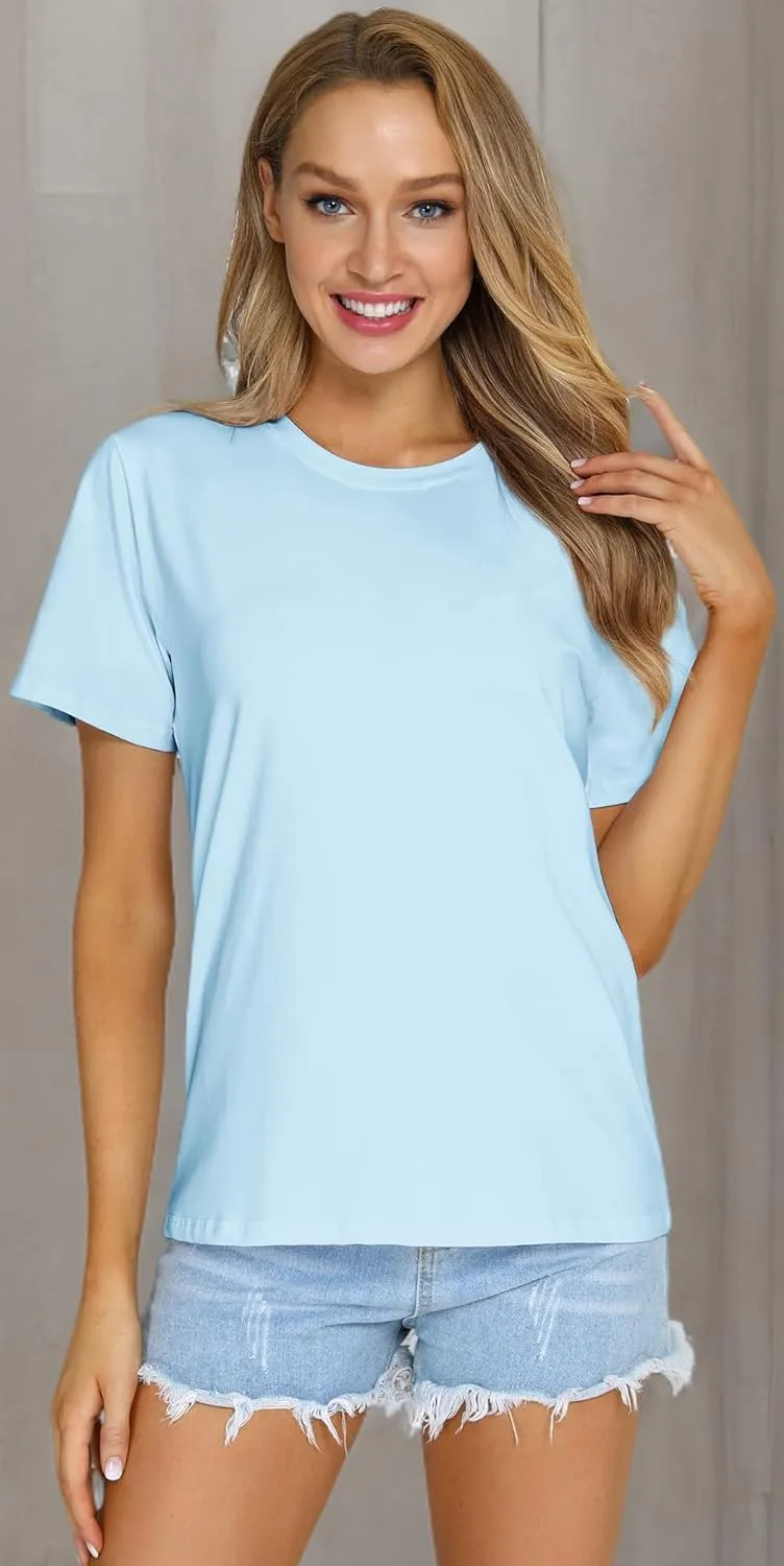 Women's Casual Loose Short Sleeve Crewneck T-Shirts Solid Color Basic Summer Tops