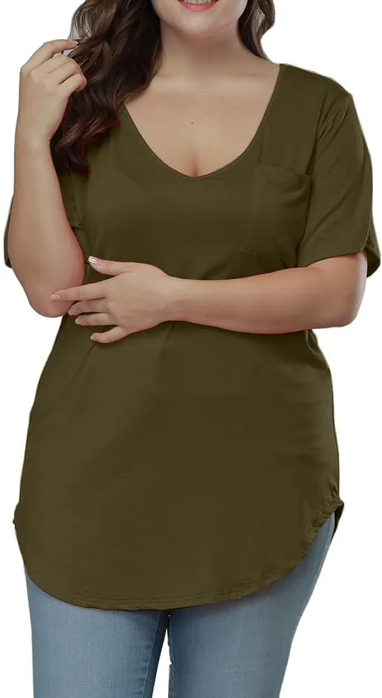 Womens Casual Scoop Collar Plus Size T Shirts Short Sleeve Loose Summer Tops Tee