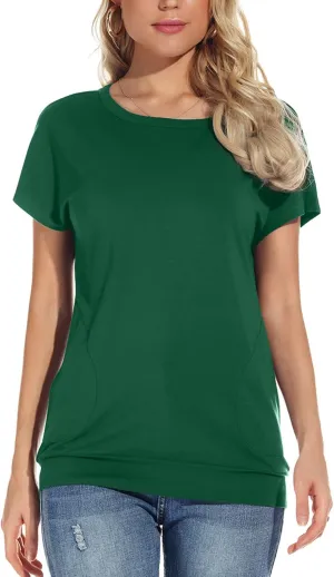 Womens Casual Summer T Shirts Crew Neck Short Sleeve Tunic Tops Loose Fit Blouses with Pockets