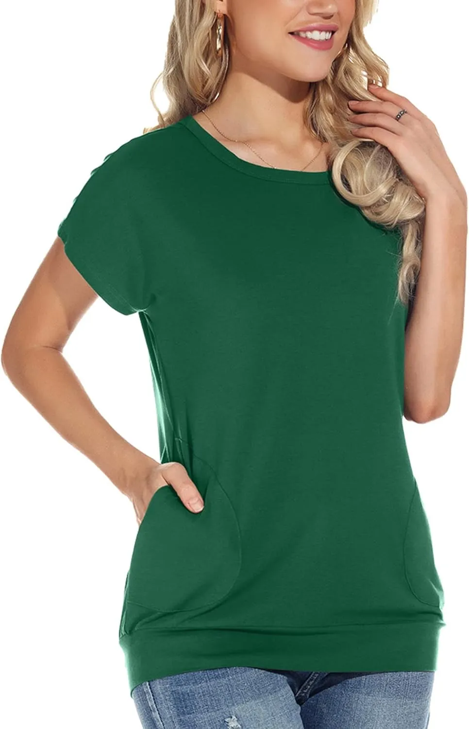 Womens Casual Summer T Shirts Crew Neck Short Sleeve Tunic Tops Loose Fit Blouses with Pockets