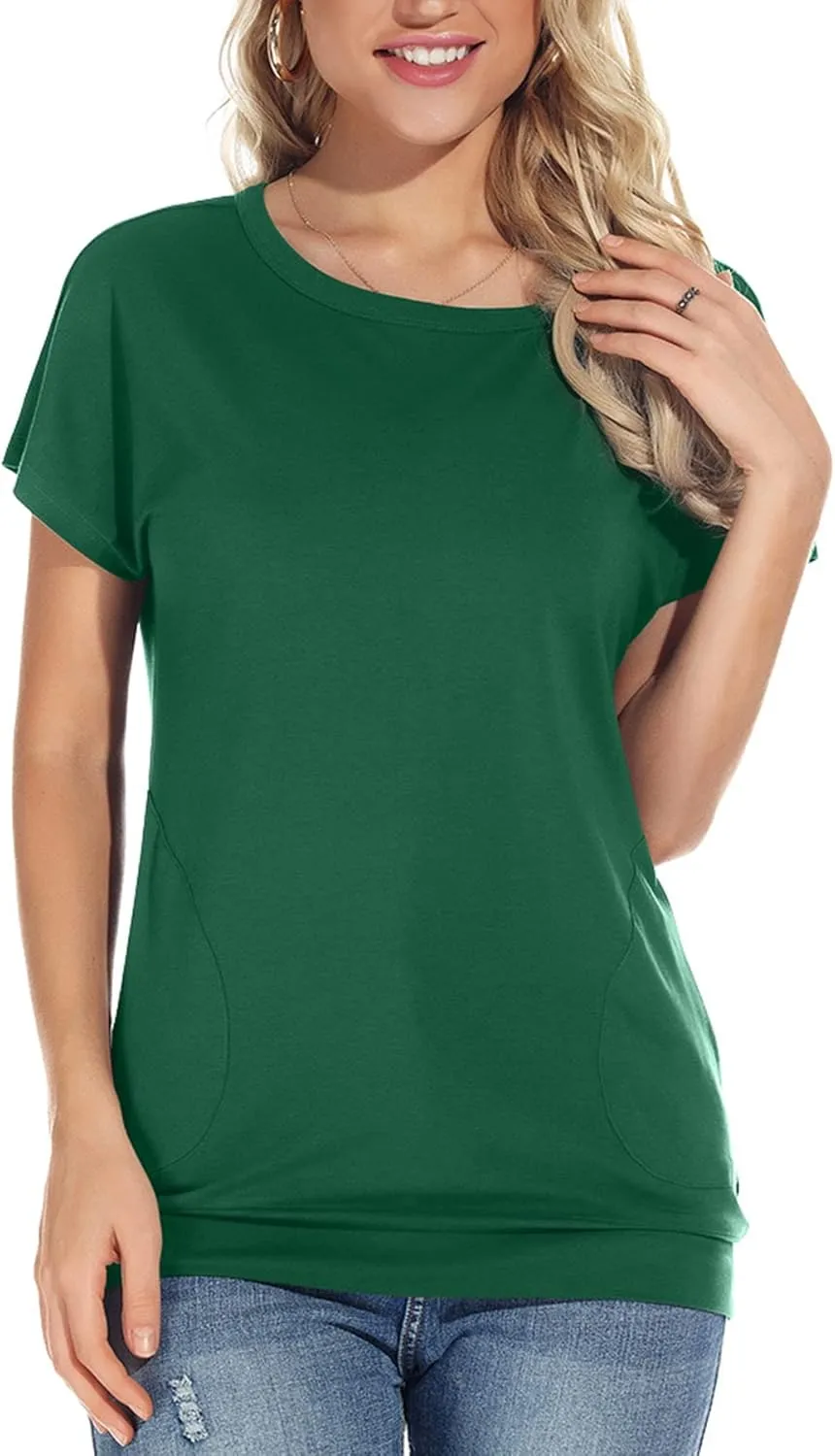 Womens Casual Summer T Shirts Crew Neck Short Sleeve Tunic Tops Loose Fit Blouses with Pockets
