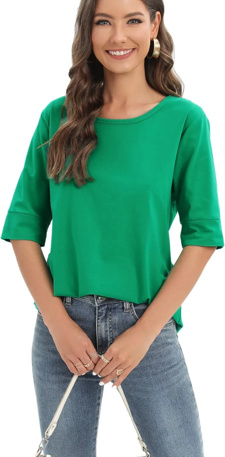 Women's Casual T Shirts Cotton Mid Sleeve Summer Basic Tunics Tee Tops Fashion